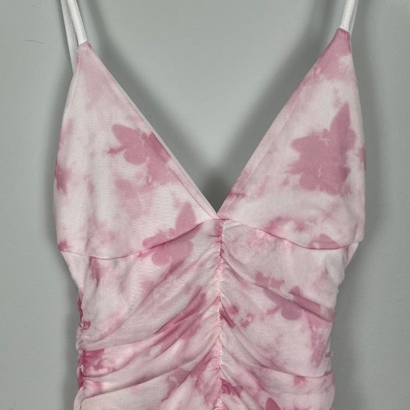 PrettyLittleThing Baby Pink Butterfly Print Ruched Bodycon Dress size 8 - Picture 5 of 16